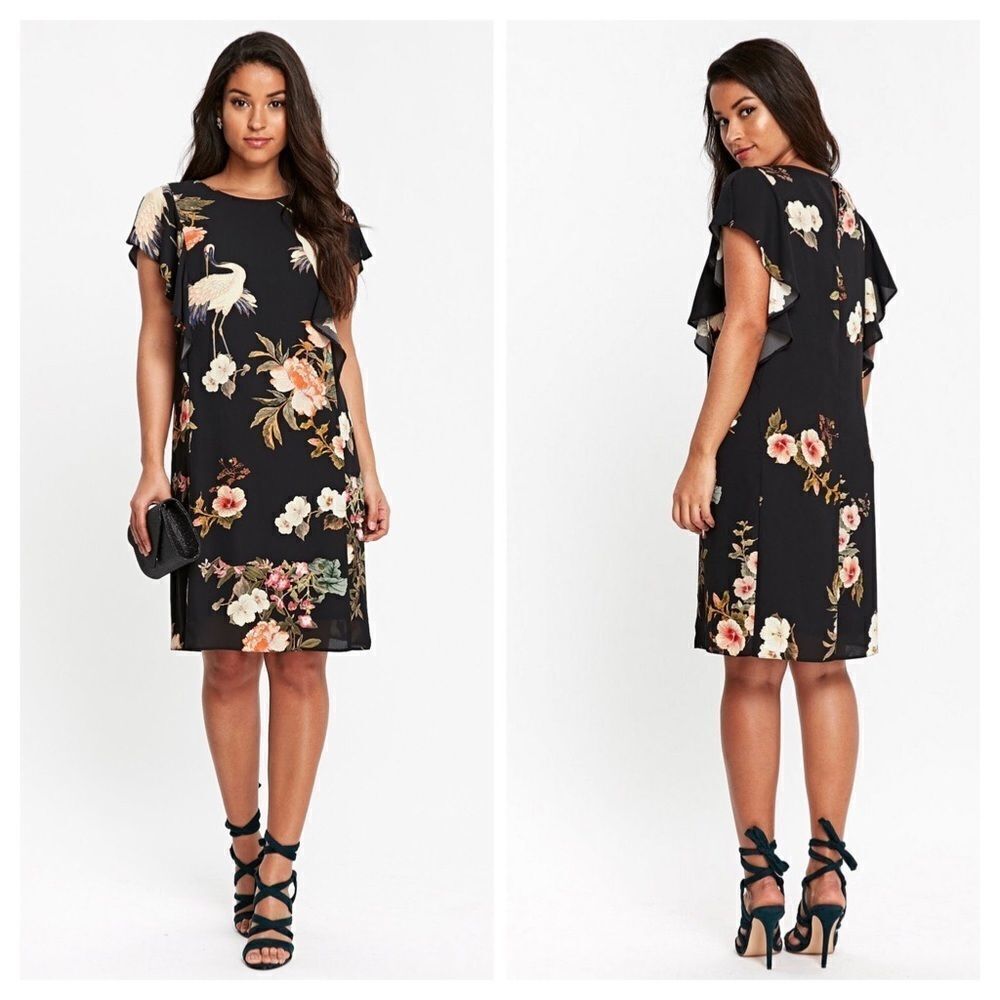 Wallis Floral Bird Print Frill Black Dress Size 10